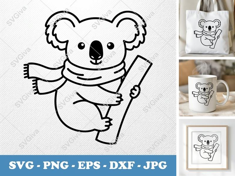 Koala SVG, Cute Koala with Scarf & Branch, Outline Animal Clipart | PNG EPS DXF | Cricut, Silhouette Cut File
