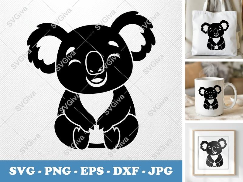 Koala SVG Cute Smiling Animal Cut File | Modern Cartoon Design PNG EPS DXF for Cricut & Silhouette, Digital Download