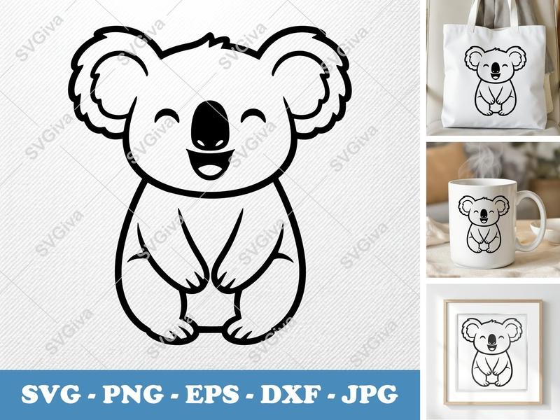 Koala SVG, Happy Koala Cut File, Modern Animal Clipart, Cute Koala Vector for Cricut & Silhouette, PNG EPS DXF