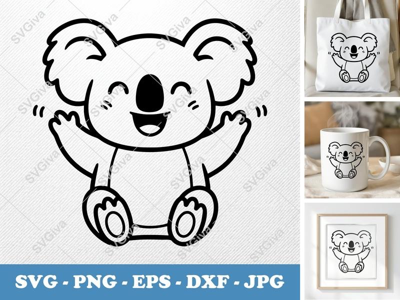 Koala SVG, Happy Koala Cut File, Waving Baby Koala PNG EPS DXF, Cricut Silhouette Koala Clipart, Modern Animal Design
