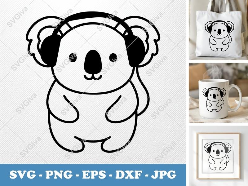 Koala SVG, Headphone Koala Cut File, Modern Animal Clipart, PNG EPS DXF for Cricut & Silhouette, Digital Download