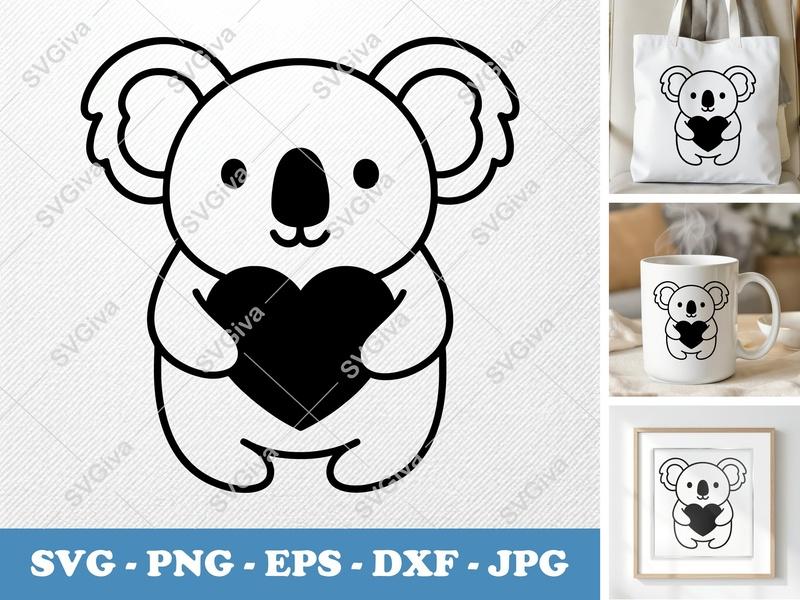 Koala SVG, Heart Koala, Cute Animal Cut File, Modern Design, PNG EPS DXF, Cricut Silhouette