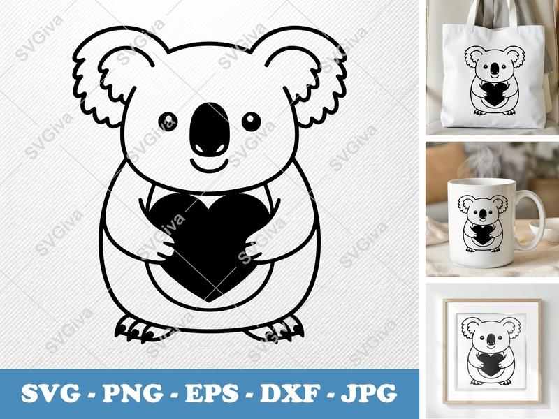 Koala SVG, Heart Koala, Cute Animal Cut File, Modern Design PNG EPS DXF for Cricut & Silhouette, Koala Love Clipart