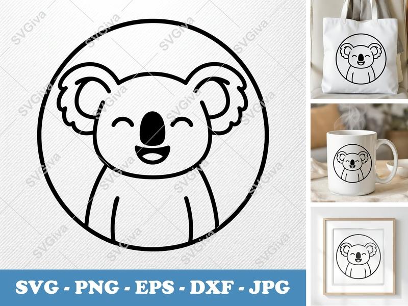 Koala SVG, Modern Clean Koala Face Cut File, Happy Koala Clipart, PNG EPS DXF for Cricut & Silhouette