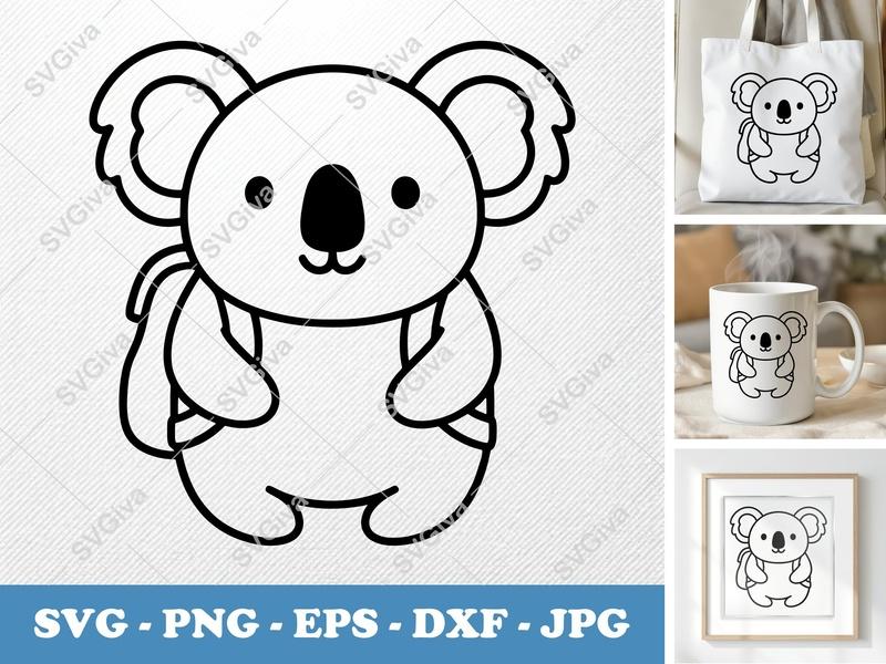 Koala SVG | Modern Clean Line Art, Cute Baby Koala Backpack | PNG EPS DXF | Cricut Silhouette Cut File