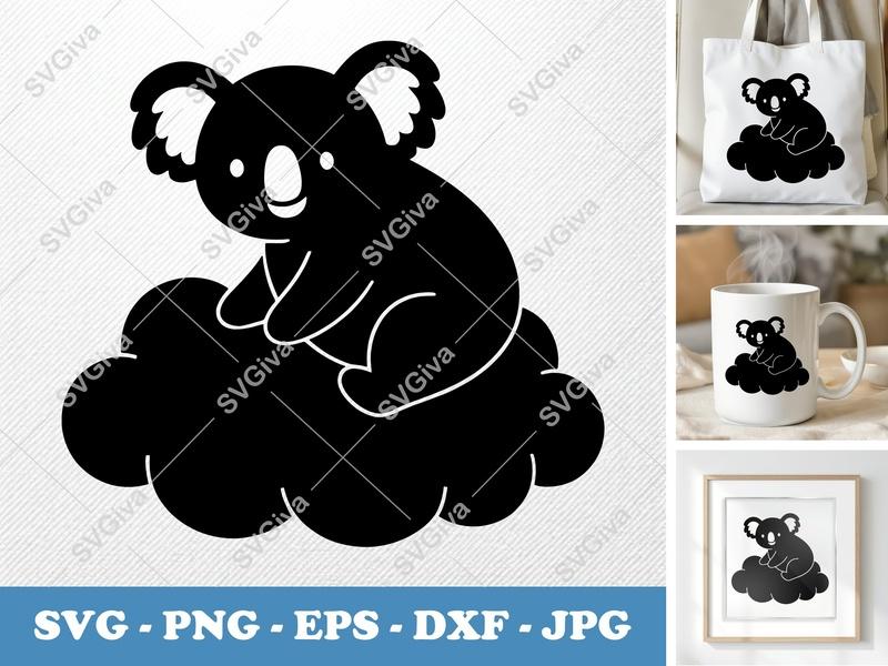 Koala SVG | Modern Cute Koala on Cloud | Koala Clipart, Vector | PNG, EPS, DXF for Cricut & Silhouette