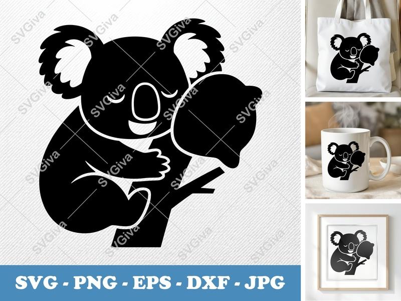 Koala SVG, Modern Cute Koala on Tree with Leaves, PNG EPS DXF | Cricut & Silhouette Cut File, Animal Vector Clipart