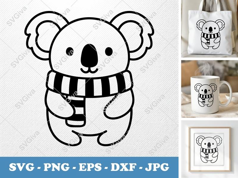 Koala SVG, Modern Cute Koala with Scarf Cut File | PNG EPS DXF | Cricut Silhouette Design | Animal Clipart | Winter Koala