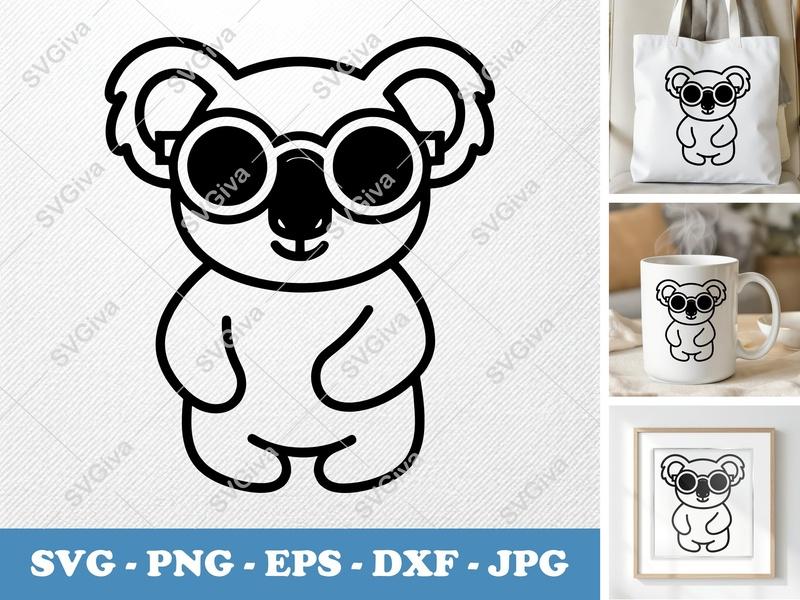 Koala SVG, Modern Koala with Glasses Cut File, Cute Animal Clipart, PNG, EPS, DXF for Cricut & Silhouette