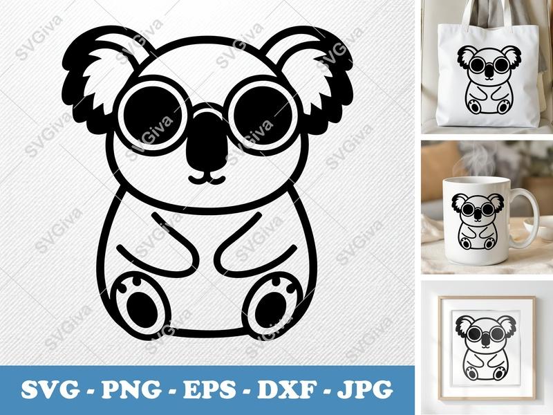 Koala SVG, Modern Koala with Glasses, Cute Cartoon Animal Cut File for Cricut, Silhouette | PNG EPS DXF Vector Clipart