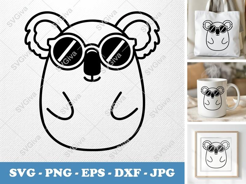 Koala SVG, Modern Koala with Sunglasses Cut File, PNG, EPS, DXF for Cricut & Silhouette, Cool Animal Clipart Vector