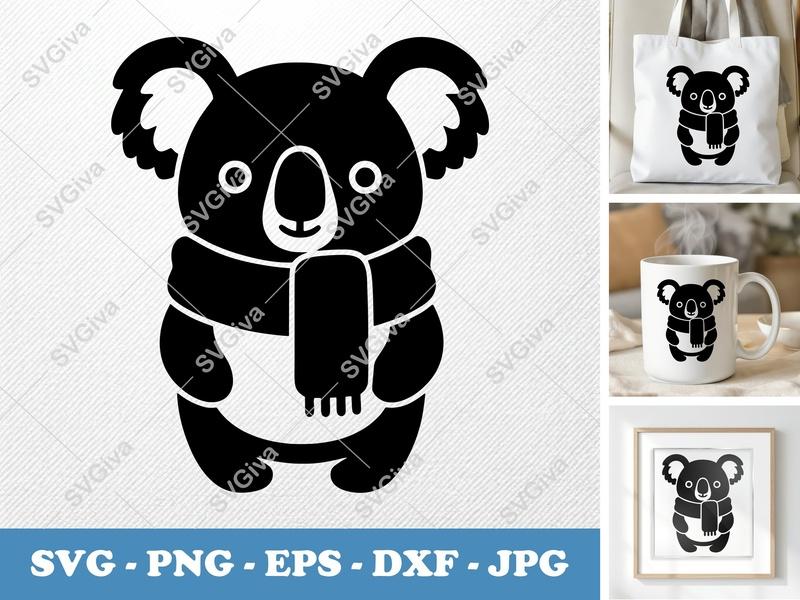 Koala SVG, Modern Winter Koala with Scarf, Cute Animal Cut File | PNG, EPS, DXF for Cricut & Silhouette