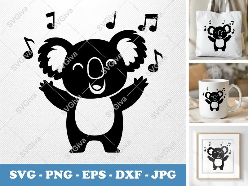 Koala SVG, Music Notes Cut File, Singing Koala Clipart, PNG EPS DXF for Cricut, Silhouette, Cute Animal Design