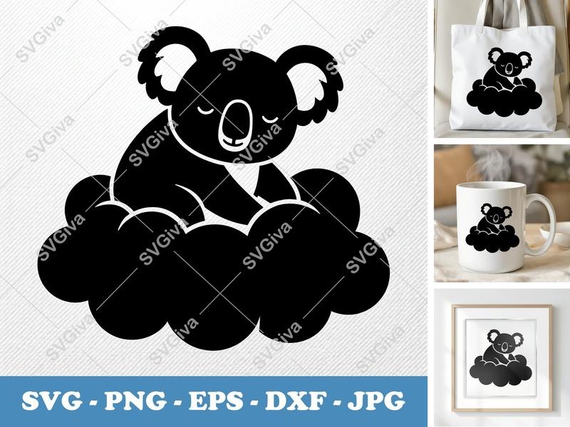 Koala SVG on Cloud, Cute Baby Koala Design | PNG EPS DXF | Cricut Silhouette Cut File, Modern Animal Clipart