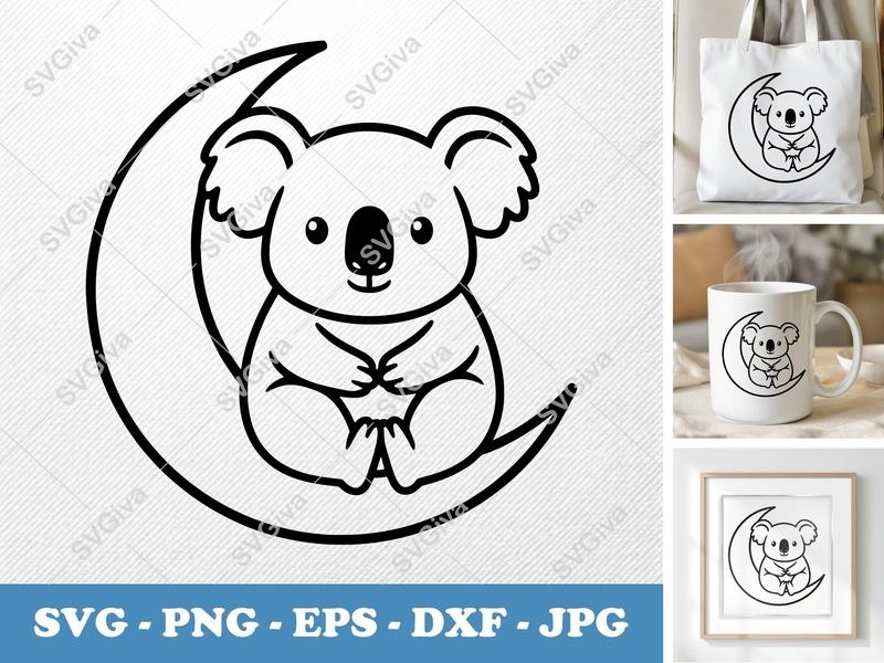 Koala SVG on Moon | Cute Animal Vector, Baby Koala Clipart | PNG EPS DXF for Cricut Silhouette