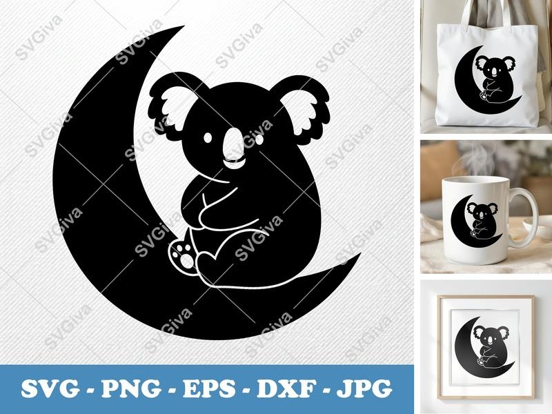 Koala SVG on Moon | Cute Koala Cut File | PNG EPS DXF | Cricut Silhouette File | Baby Animal Vector | Modern Clean Design