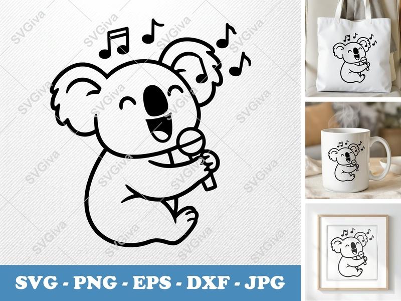 Koala SVG Singing | Cute Koala with Microphone | Music Notes PNG EPS DXF | Cricut & Silhouette Cut File
