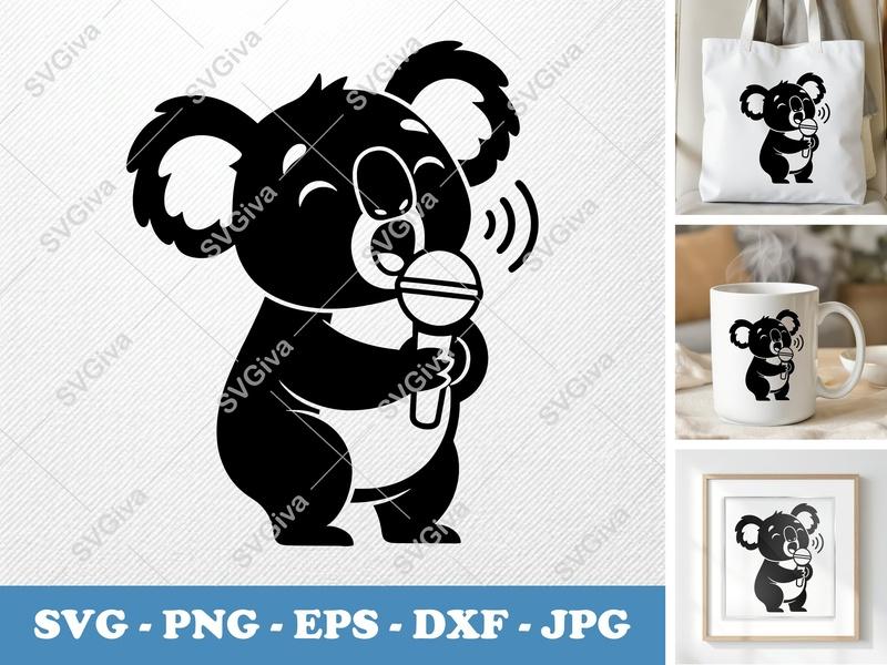 Koala SVG Singing | Cute Modern Koala with Microphone | PNG EPS DXF for Cricut & Silhouette, Animal Clipart Vector