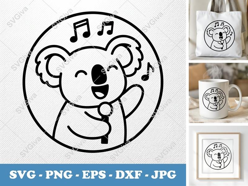 Koala SVG Singing Koala with Microphone | Music Notes Cut File for Cricut & Silhouette | PNG EPS DXF | Cartoon Animal Vector