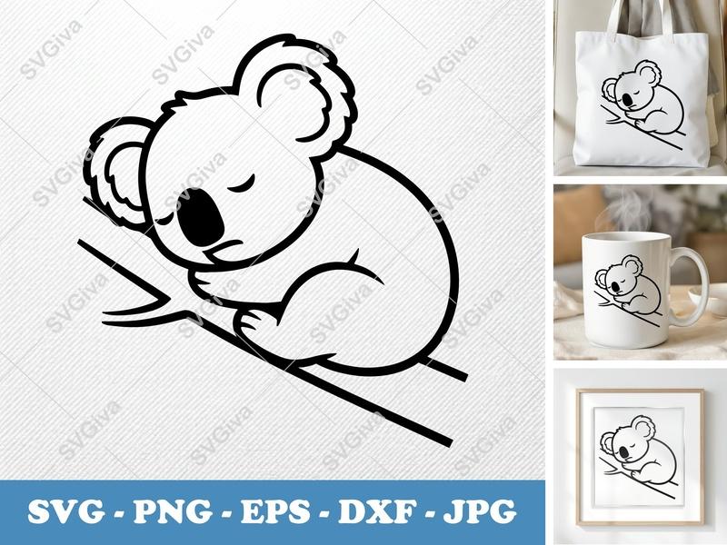 Koala SVG, Sleeping Koala on Branch, Cute Animal Cut File, PNG EPS DXF for Cricut & Silhouette, Modern Vector Clipart