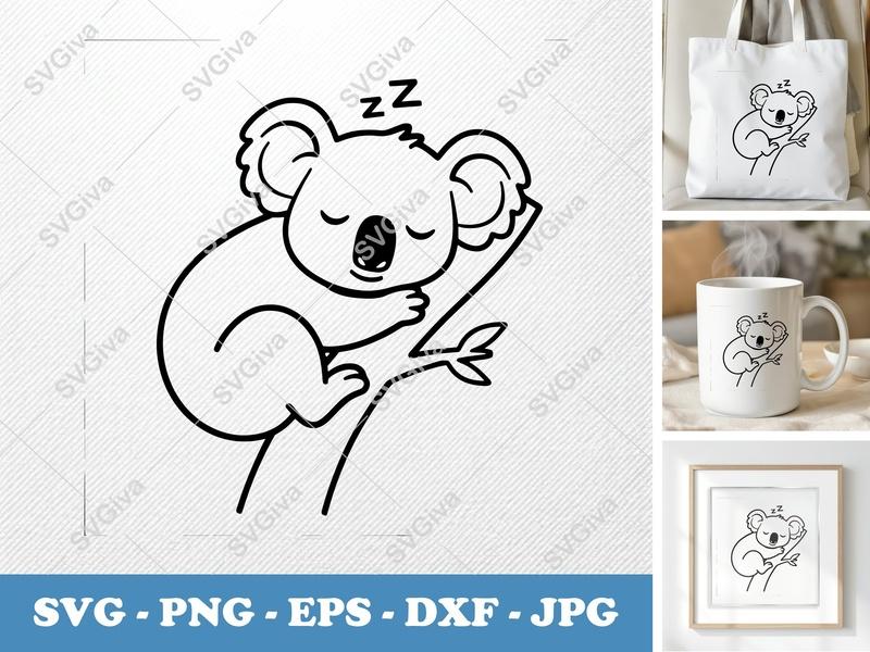 Koala SVG Sleeping on Branch, Cute Animal Cut File, PNG, EPS, DXF for Cricut & Silhouette, Modern Design Vector