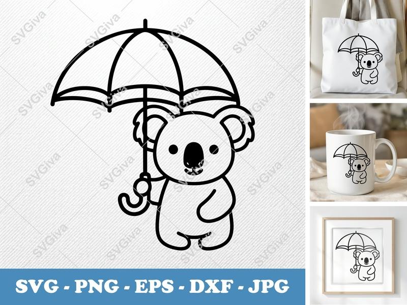 Koala SVG, Umbrella Koala Cut File, Cute Animal PNG, EPS, DXF for Cricut & Silhouette, Modern Line Art Design