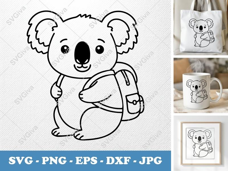 Koala SVG with Backpack, Cute Animal Cut File, PNG EPS DXF, Cricut Silhouette Design, Modern Baby Koala Vector Clipart