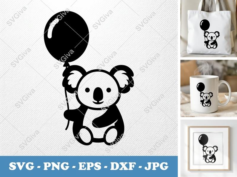 Koala SVG with Balloon | Cute Koala Bear Cut File | PNG EPS DXF for Cricut & Silhouette | Modern Animal Clipart