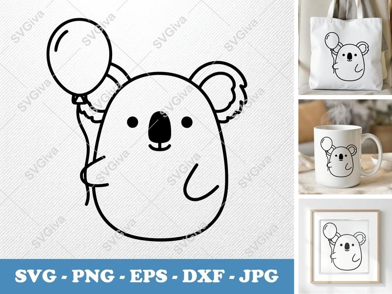 Koala SVG with Balloon | Cute Koala Cut File, Modern Animal PNG, EPS, DXF | Cricut & Silhouette