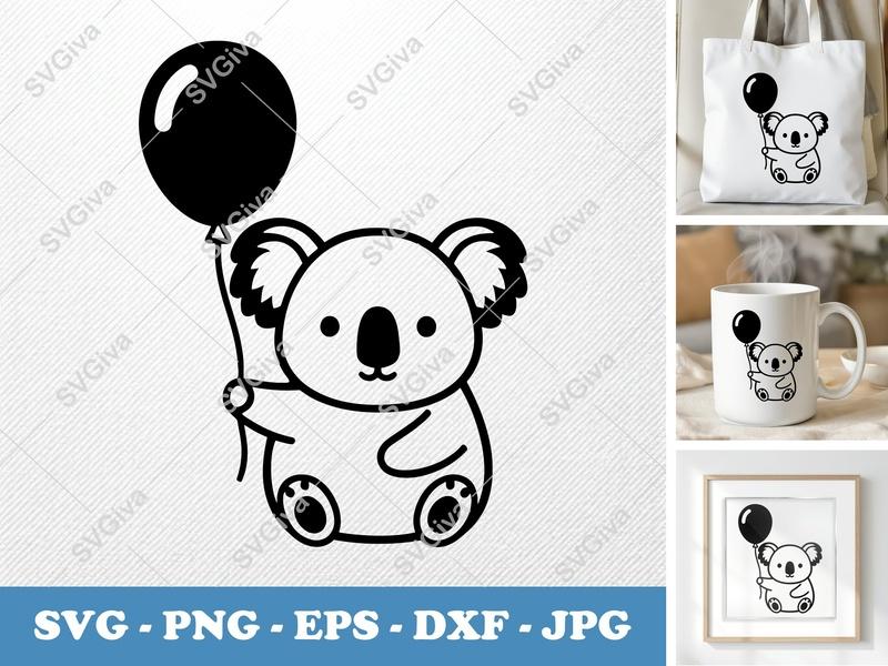 Koala SVG with Balloon | Cute Modern Animal Design | PNG EPS DXF | Cricut Silhouette Cut File
