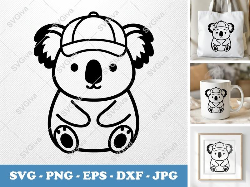 Koala SVG with Cap | Modern Cute Koala Cut File | PNG EPS DXF | Cricut Silhouette Design