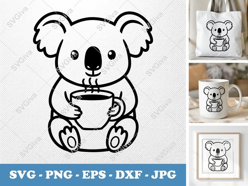 Koala SVG with Coffee Cup, Modern Clean Cut File | PNG EPS DXF | Cricut & Silhouette Design, Animal Clipart, Cute Koala