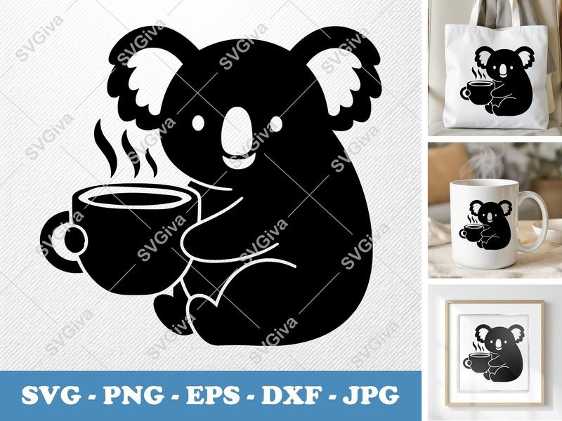 Koala SVG with Coffee Cup, Modern Clean Design, PNG EPS DXF | Cricut Silhouette Cut File, Animal Clipart, Digital Download