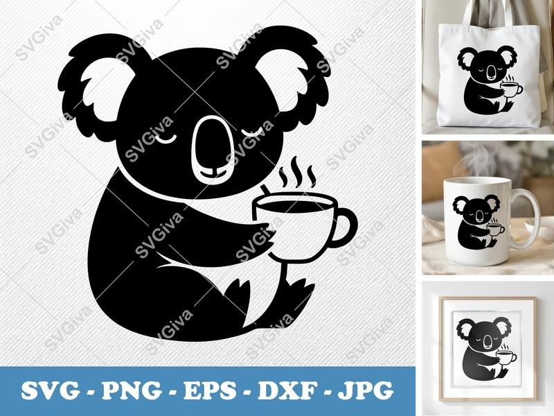 Koala SVG with Coffee Mug | Modern Animal Cut File, Cute Koala Bear | PNG EPS DXF for Cricut Silhouette