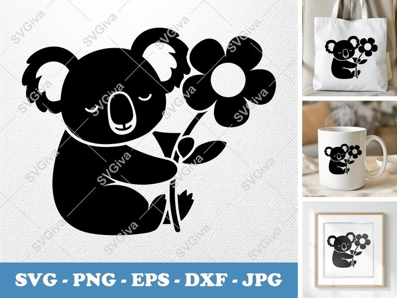 Koala SVG with Flower, Cute Animal Cut File, Modern Design for Cricut, Silhouette | PNG EPS DXF Vector Clipart