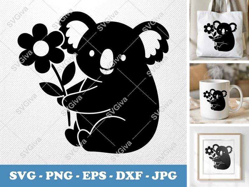 Koala SVG with Flower | Cute Koala Cut File | Modern Animal Clipart | PNG EPS DXF for Cricut & Silhouette