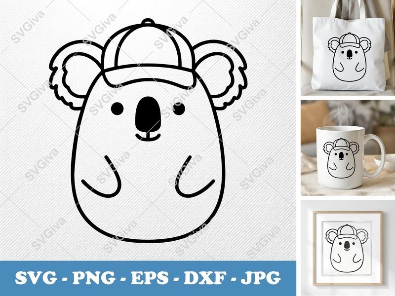 Koala SVG with Hat, Cute Cartoon Koala | PNG EPS DXF | Cricut & Silhouette Cut File, Modern Animal Clipart, Digital Download