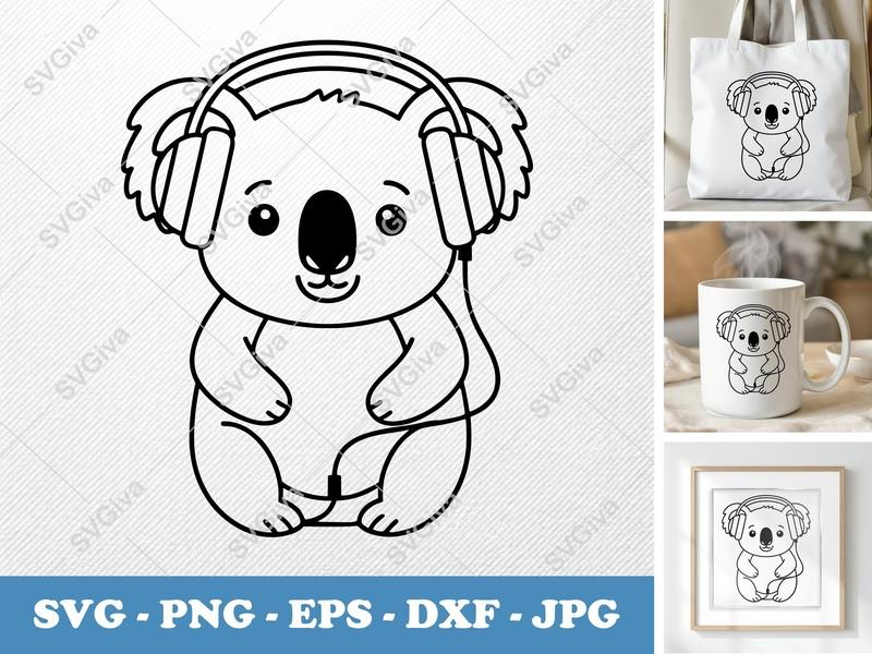 Koala SVG with Headphones, Cute Animal Outline, PNG EPS DXF, Cricut Silhouette Cut File, Modern Cartoon Vector Clipart