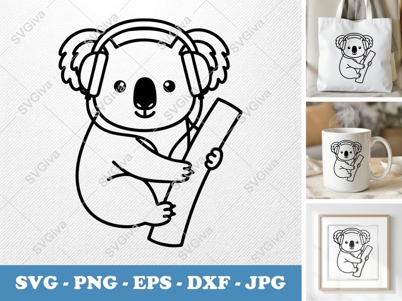 Koala SVG with Headphones, Modern Koala Clipart, PNG, EPS, DXF for Cricut & Silhouette Cut Files