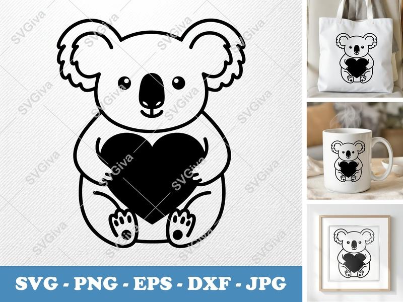 Koala SVG with Heart | Cute Koala Bear Vector | Modern Animal Cut File for Cricut, Silhouette | PNG, EPS, DXF Included
