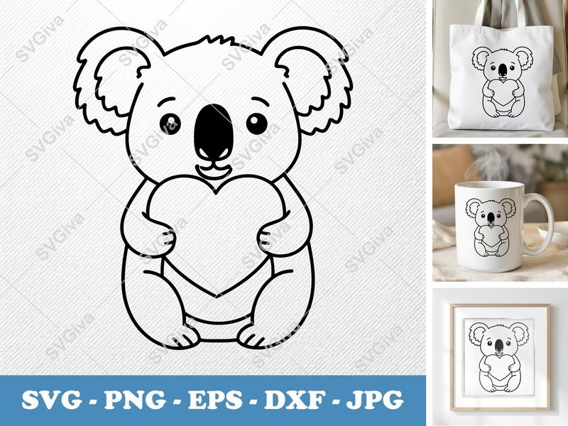 Koala SVG with Heart | Cute Modern Animal Design | PNG EPS DXF | Cricut Silhouette Cut File