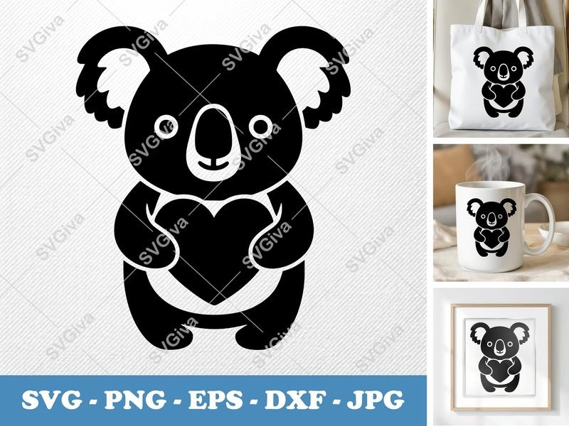 Koala SVG with Heart | Modern Koala Cut File for Cricut & Silhouette | Cute Animal PNG EPS DXF | Love Koala Vector Art