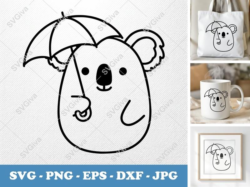 Koala SVG with Umbrella | Cute Animal Cut File PNG EPS DXF | Modern Koala Clipart for Cricut, Silhouette, Vinyl Decals