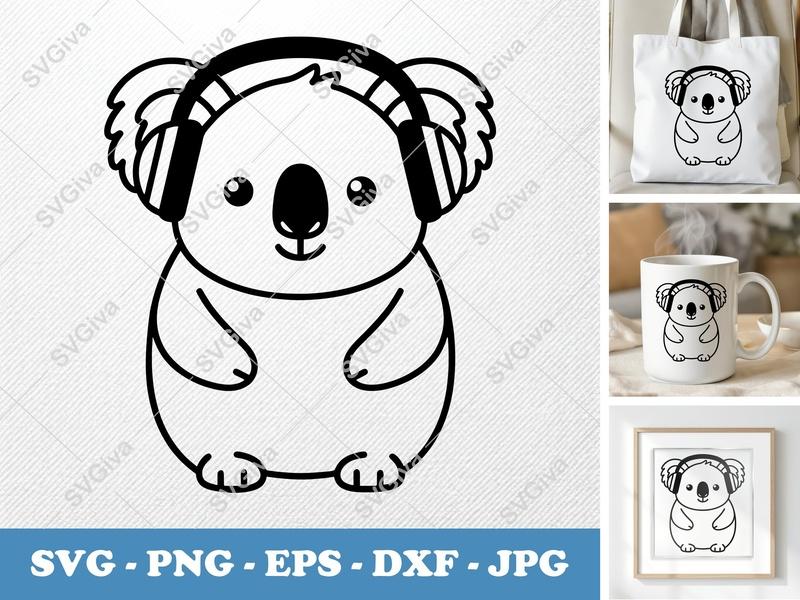 Koala Wearing Headphones SVG | Friendly Bean-Shaped Cut File | Rounded Body Design | PNG DXF EPS | Cricut Silhouette