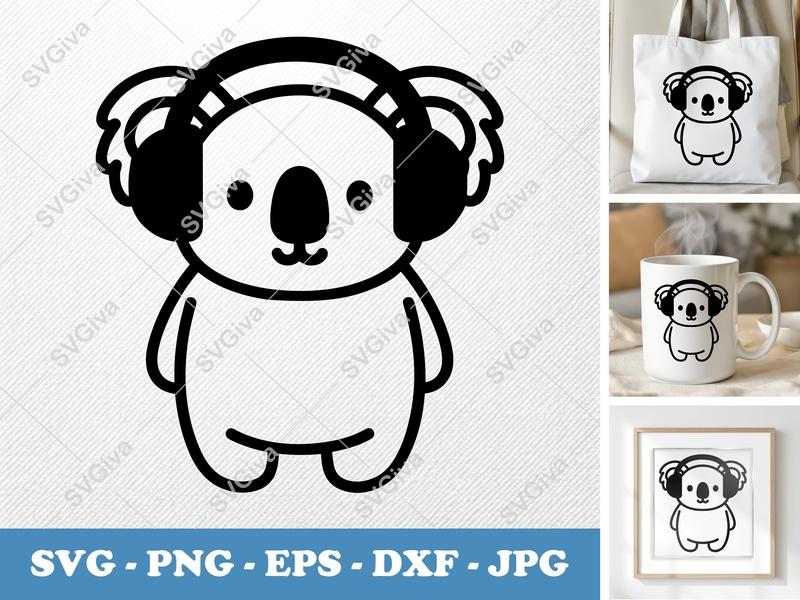 Koala Wearing Headphones SVG, Puffy Shapes Vector | PNG DXF EPS | Cricut Silhouette File