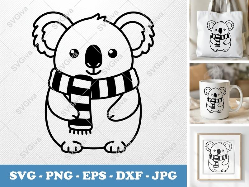 Koala Wearing Scarf SVG | Friendly Bean-Shaped Cut File | PNG DXF EPS for Cricut & Silhouette