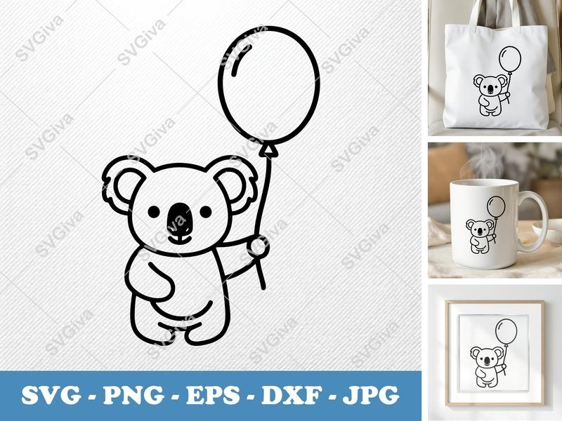 Koala with Balloon SVG, Cute Animal PNG, EPS, DXF | Modern Cut File for Cricut, Silhouette, Kids Crafts