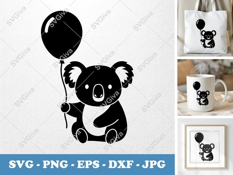 Koala with Balloon SVG | Puffy Inflated Shapes | PNG DXF EPS | Cricut Silhouette Cut File