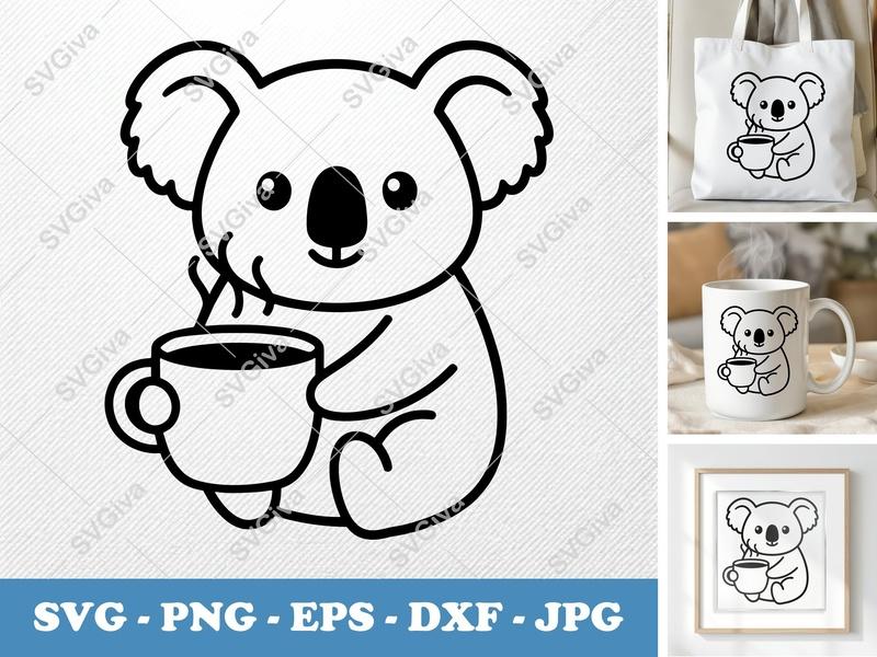 Koala with Coffee Cup SVG | Friendly Bean-Shaped Cut File | PNG DXF EPS for Cricut Silhouette