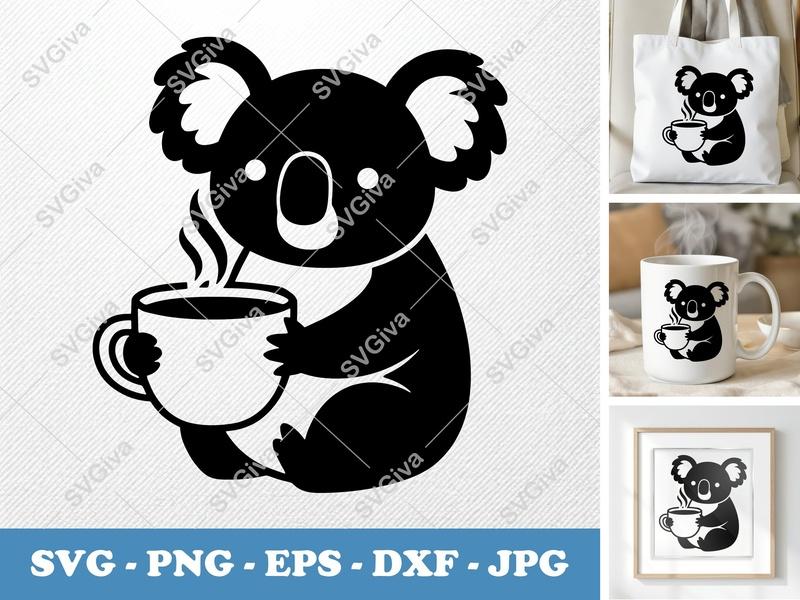 Koala with Coffee Cup SVG | Puffy Soft Shapes | PNG DXF EPS | Cricut Silhouette Cut File